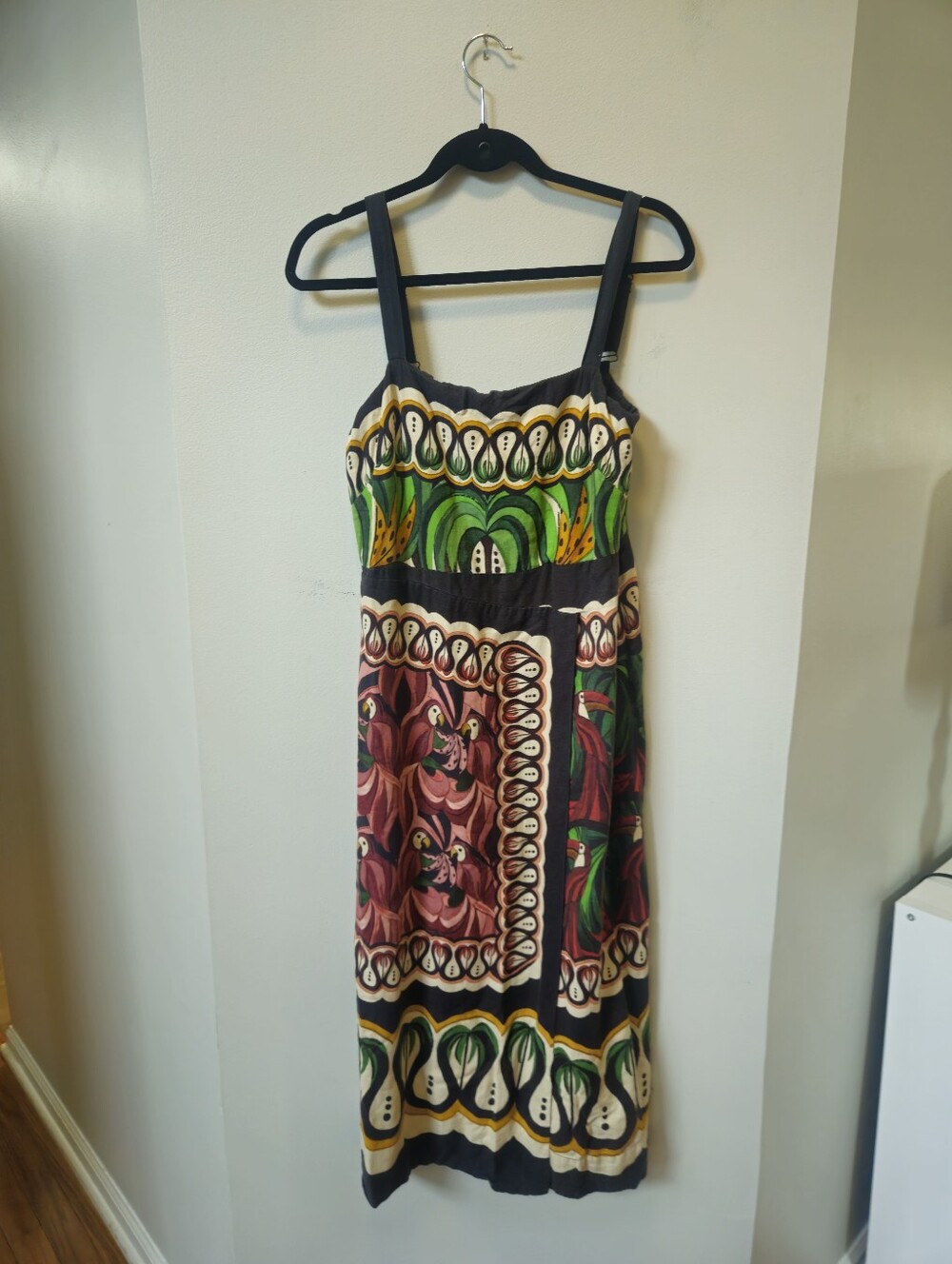 Farm Rio Coconut Tree Flow Scarf Dress Tropical Parrot Midi Large 8- 10-12